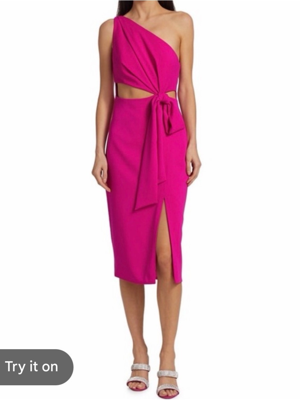 MONIQUE Lhuiller One-Shoulder Cutout Wrap Midi Dress in Fuchsia